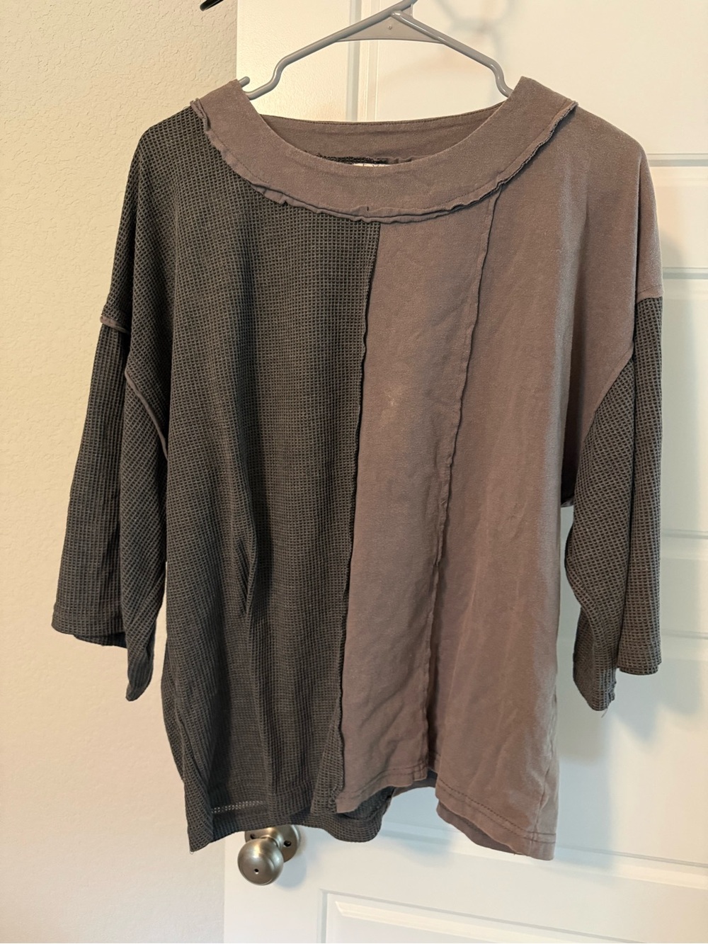 POL Two-Tone Charcoal & Taupe Patchwork Sweatshirt